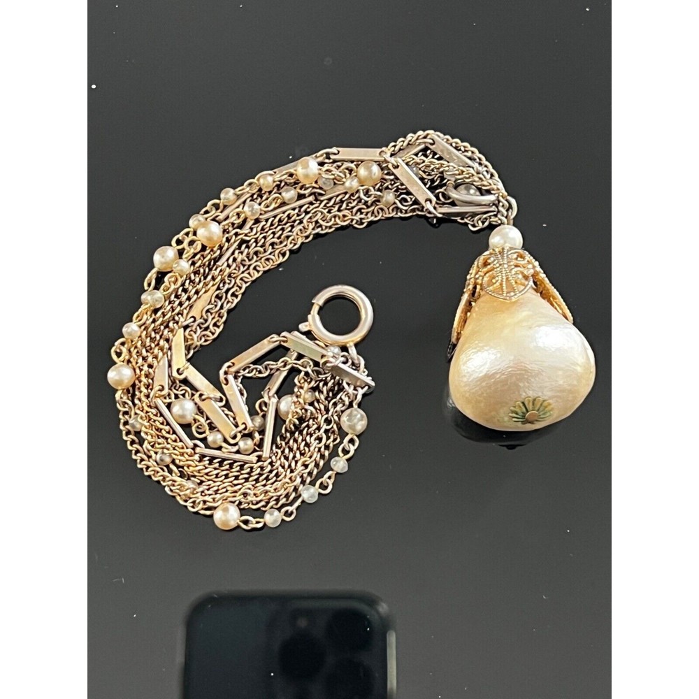 Vintage Bracelet Tassel Dangle Faux Pearls Chain Bead unsigned 50's
